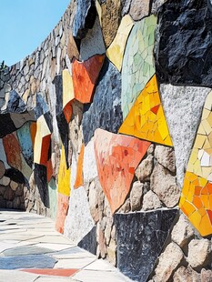 彩色马赛克拼贴石墙景观