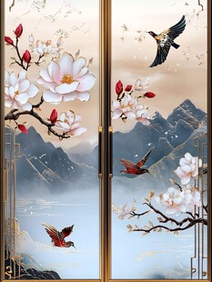 中式花鸟山水屏风画卷