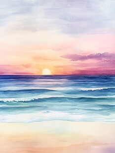 海边日落水彩画风景