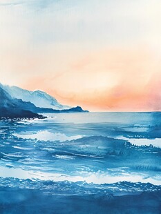 海边日落水彩风景图