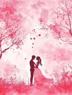 浪漫情侣在梦幻粉色场景中