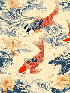 锦鲤戏浪间 繁花添雅韵