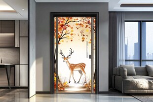 玄关处的鹿与秋景艺术壁画