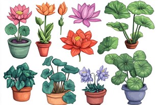 盆栽荷花插画素材集合