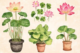 水彩风盆栽荷花插画素材