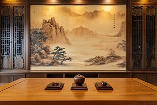 中式茶室 山水壁画与茶席