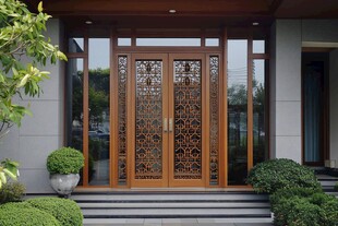 中式精致入户门及绿植景观
