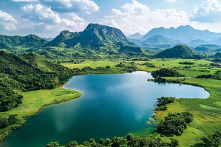 青山绿水间的静谧湖泊