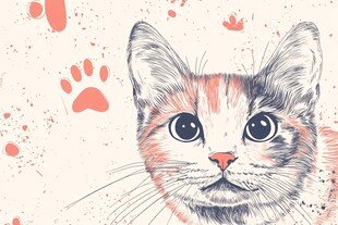 可爱猫咪插画与爪印元素
