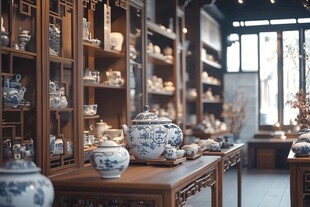 中式茶室里的精美瓷器摆件