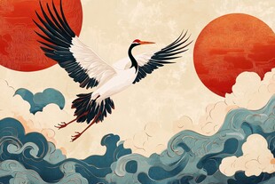 仙鹤翔云海红日映苍穹