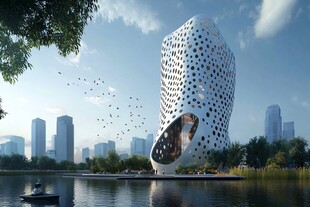 未来感异形建筑湖畔风光