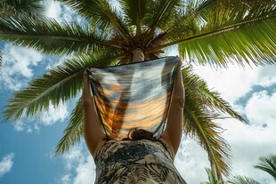 女子椰树下举布享惬意时光