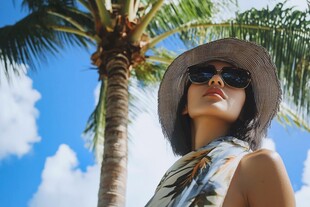 阳光下的椰树旁时尚女士