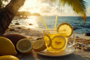 海滩上的柠檬茶饮与阳光