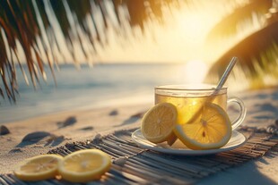 海边夕阳下的柠檬茶时光