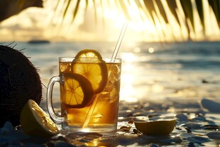 海边夕阳下的柠檬冰茶