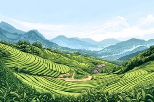 翠绿梯田映于山峦美景