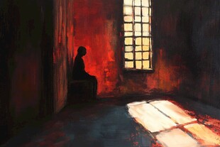 孤独身影于昏暗囚室窗前