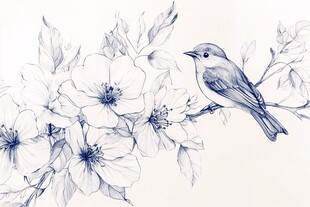 蓝线绘花鸟 清新自然风