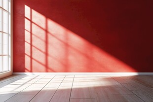 红墙光影下的空旷室内空间