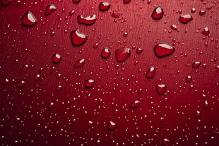 红色背景上的晶莹水滴