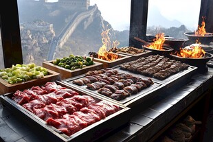 长城景下的丰盛烧烤食材