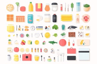多彩食品与厨房用品图标集
