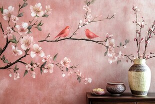 粉色花鸟墙饰与中式摆件