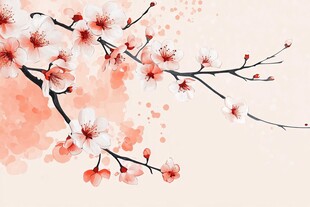 水墨风盛开的粉嫩梅花枝