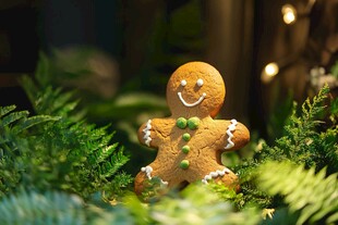 圣诞姜饼人置身绿植间