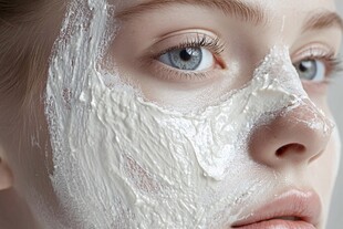 女孩敷白色面膜特写