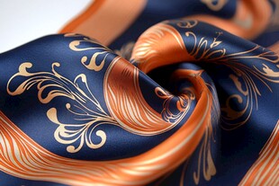 蓝橙交织精美花纹丝绸