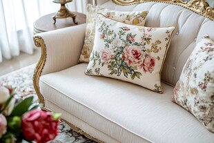 欧式奢华沙发与花卉抱枕
