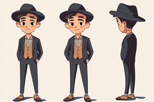 复古装扮卡通男孩三视图
