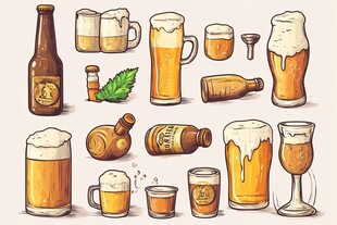 手绘啤酒器具与饮品集合