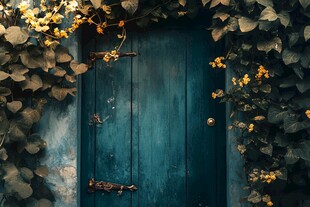 复古绿门被藤蔓环绕