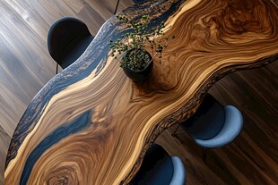 独特纹理实木桌配绿植