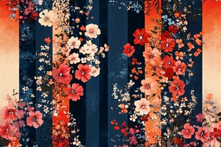 条纹背景上的多彩花卉图案