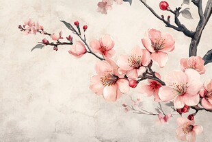 中式粉桃枝雅致花卉图