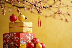 新春装饰礼盒与绽放花枝