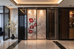 中式玄关繁花背景墙设计