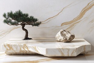 大理石台上的松树与石头