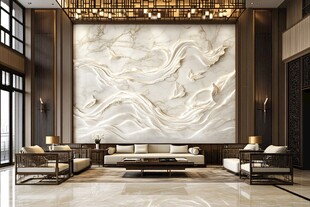 中式客厅大气山水浮雕背景墙