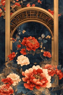 中式拱门繁花复古装饰画