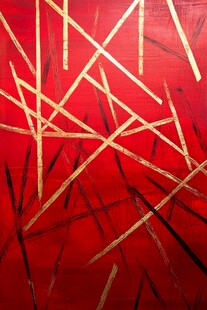 红色背景金色线条抽象画