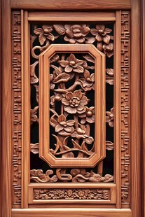 中式木雕门窗 精致花卉图案