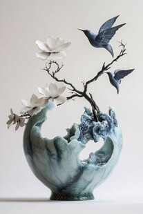 玉兰花鸟瓷雕艺术摆件