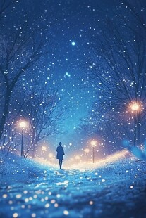 漫步雪夜星空下的孤独身影