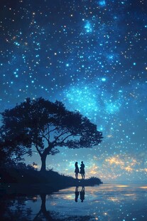 星空下的浪漫情侣剪影